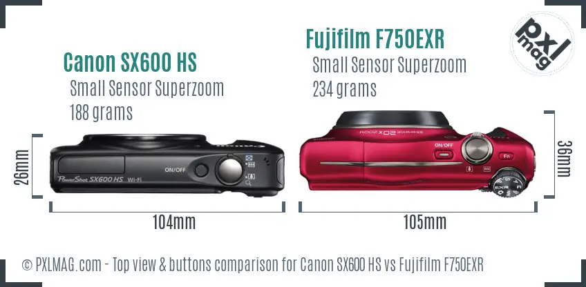 Canon SX600 HS vs Fujifilm F750EXR top view buttons comparison