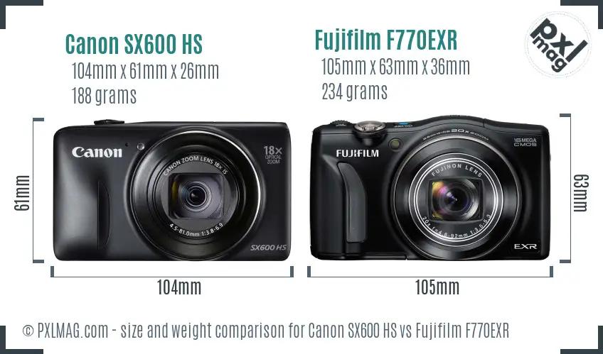 Canon SX600 HS vs Fujifilm F770EXR size comparison