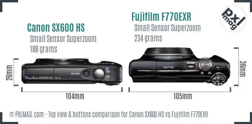 Canon SX600 HS vs Fujifilm F770EXR top view buttons comparison