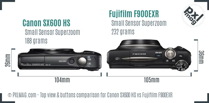 Canon SX600 HS vs Fujifilm F900EXR top view buttons comparison
