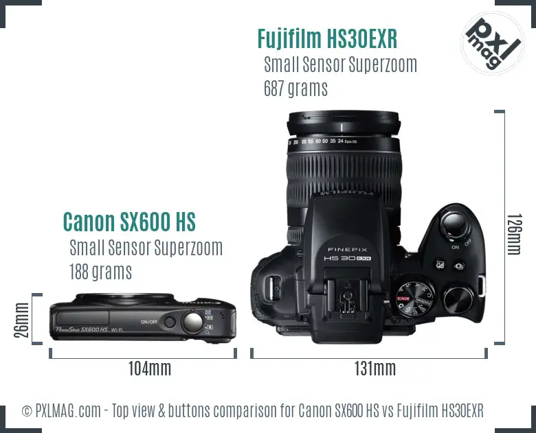 Canon SX600 HS vs Fujifilm HS30EXR top view buttons comparison