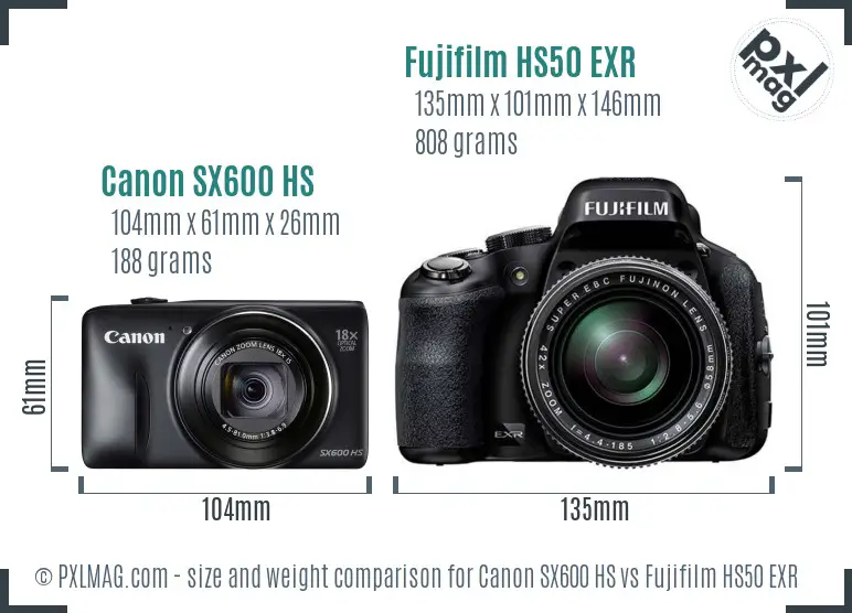 Canon SX600 HS vs Fujifilm HS50 EXR size comparison