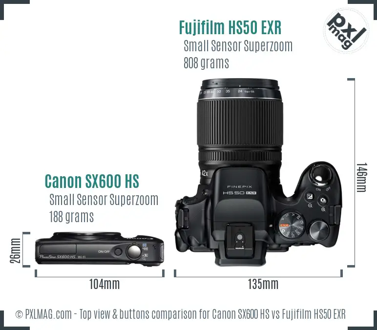 Canon SX600 HS vs Fujifilm HS50 EXR top view buttons comparison