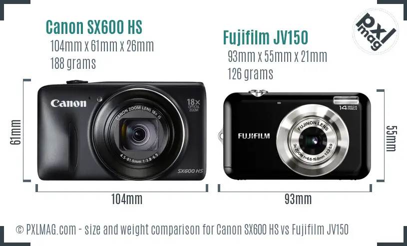 Canon SX600 HS vs Fujifilm JV150 size comparison