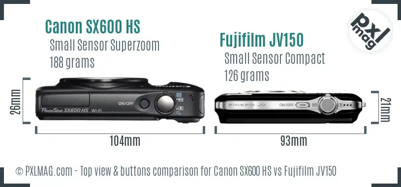 Canon SX600 HS vs Fujifilm JV150 top view buttons comparison