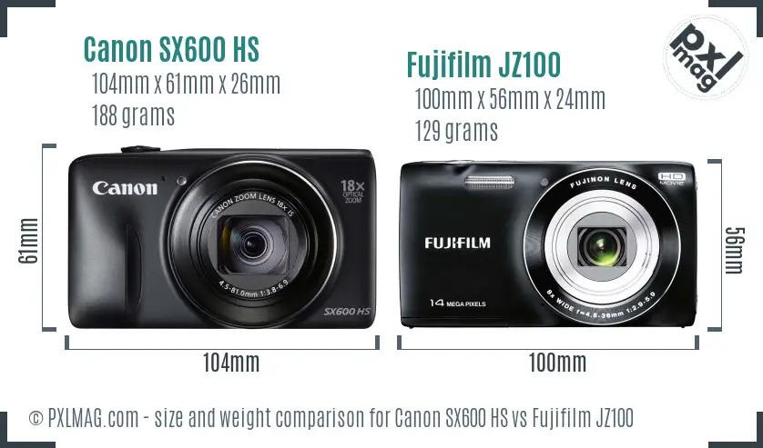 Canon SX600 HS vs Fujifilm JZ100 size comparison