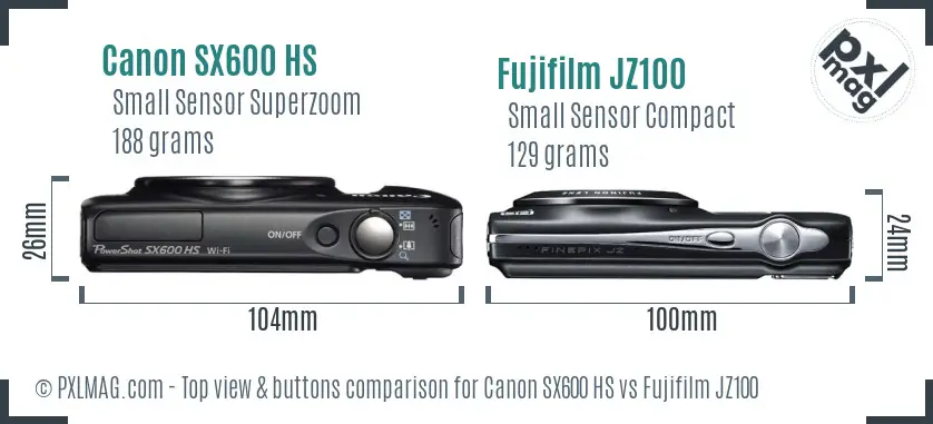 Canon SX600 HS vs Fujifilm JZ100 top view buttons comparison