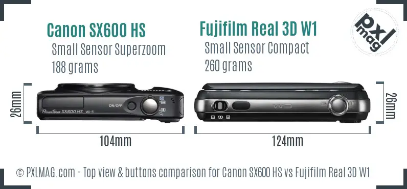 Canon SX600 HS vs Fujifilm Real 3D W1 top view buttons comparison