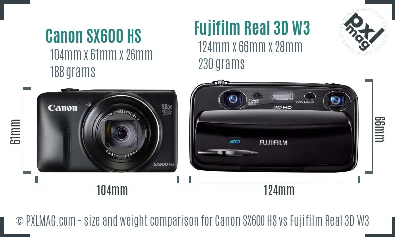 Canon SX600 HS vs Fujifilm Real 3D W3 size comparison