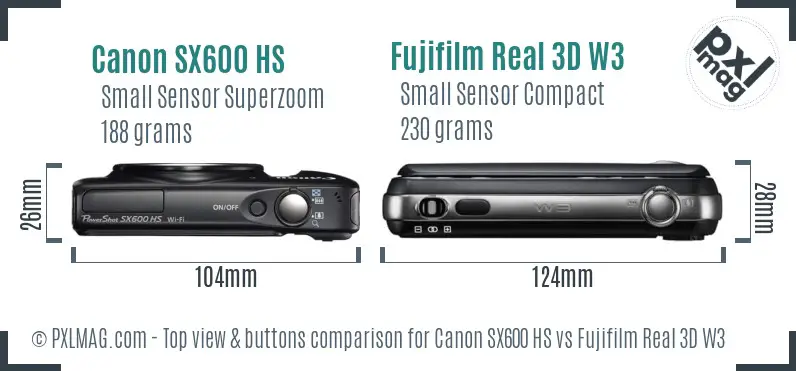 Canon SX600 HS vs Fujifilm Real 3D W3 top view buttons comparison