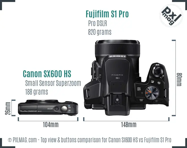 Canon SX600 HS vs Fujifilm S1 Pro top view buttons comparison