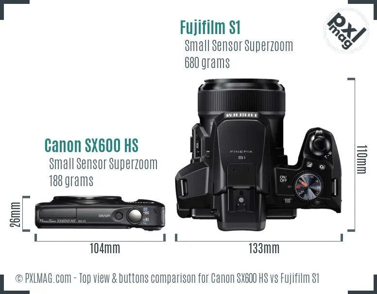 Canon SX600 HS vs Fujifilm S1 top view buttons comparison