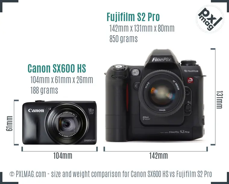 Canon SX600 HS vs Fujifilm S2 Pro size comparison