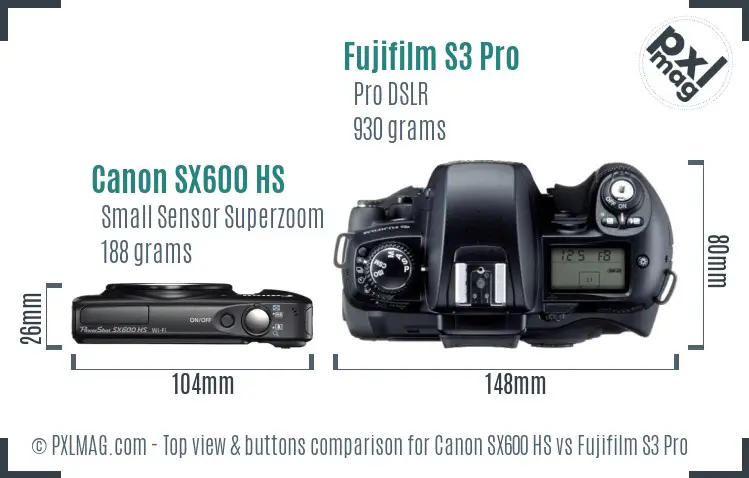Canon SX600 HS vs Fujifilm S3 Pro top view buttons comparison Canon SX600 HS vs Fujifilm S3 Pro top view buttons comparison