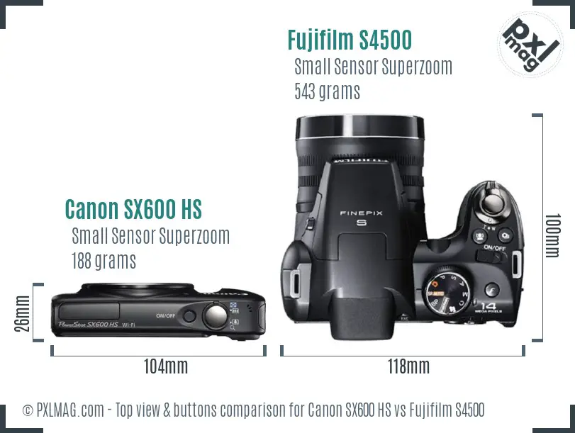 Canon SX600 HS vs Fujifilm S4500 top view buttons comparison