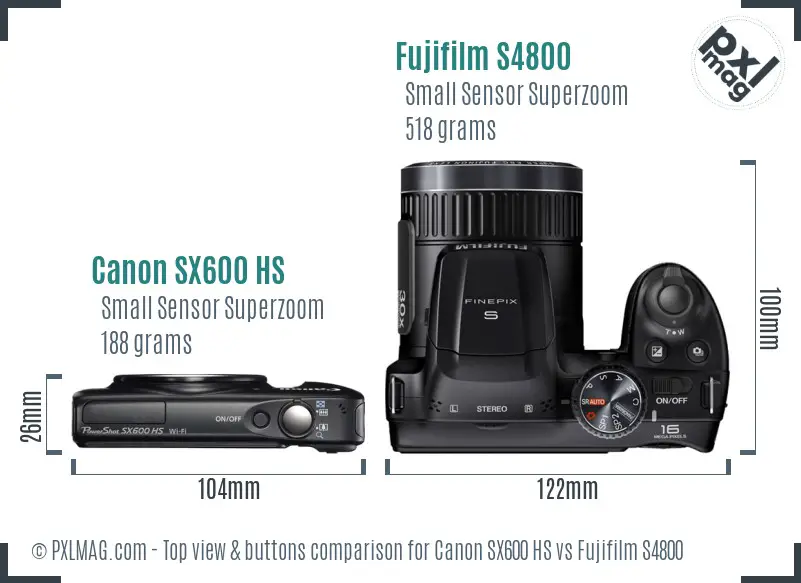 Canon SX600 HS vs Fujifilm S4800 top view buttons comparison