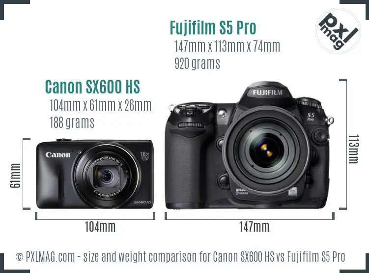 Canon SX600 HS vs Fujifilm S5 Pro size comparison