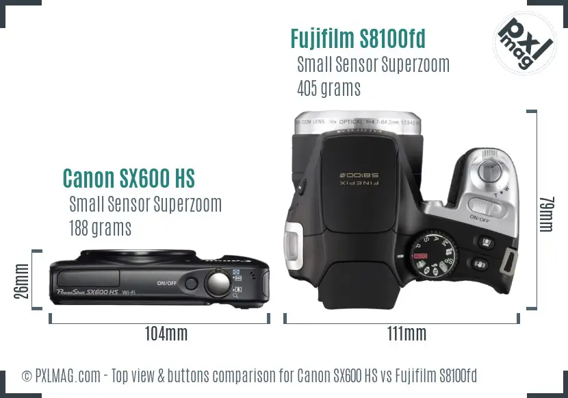 Canon SX600 HS vs Fujifilm S8100fd top view buttons comparison