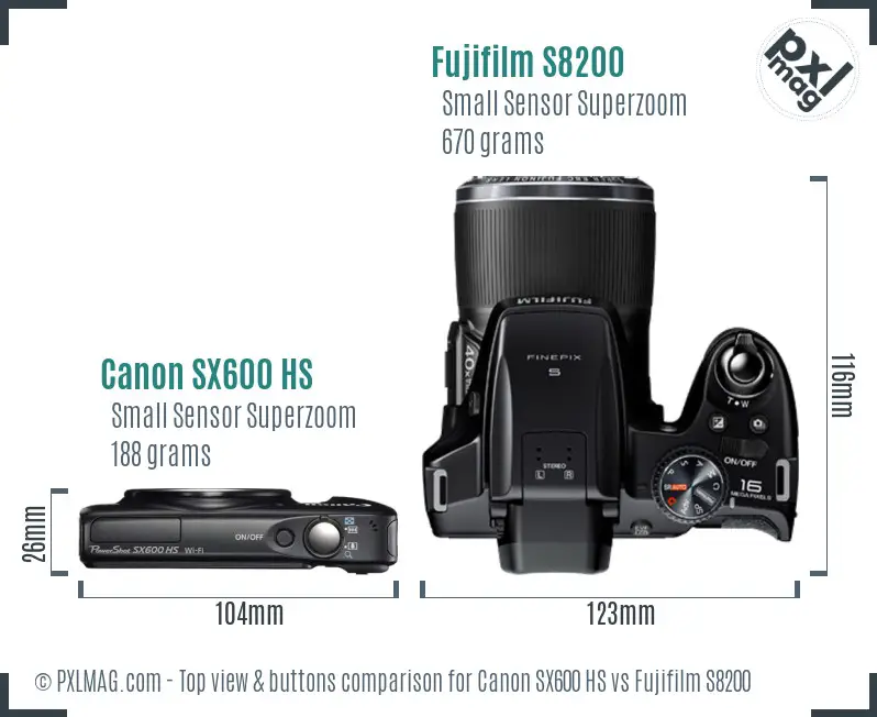Canon SX600 HS vs Fujifilm S8200 top view buttons comparison