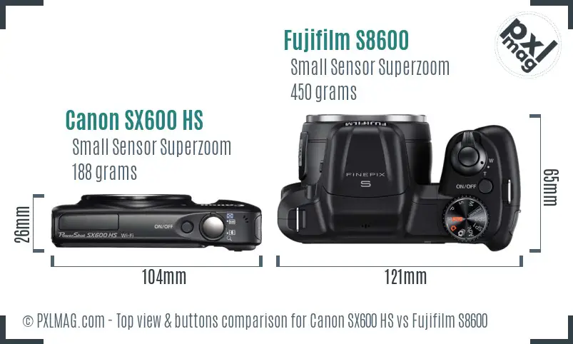 Canon SX600 HS vs Fujifilm S8600 top view buttons comparison