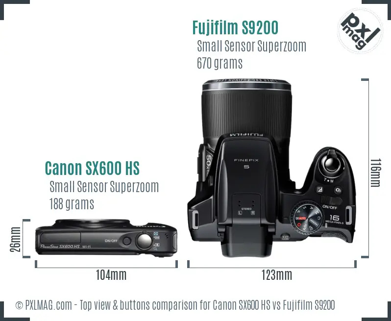 Canon SX600 HS vs Fujifilm S9200 top view buttons comparison