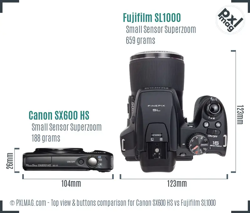 Canon SX600 HS vs Fujifilm SL1000 top view buttons comparison