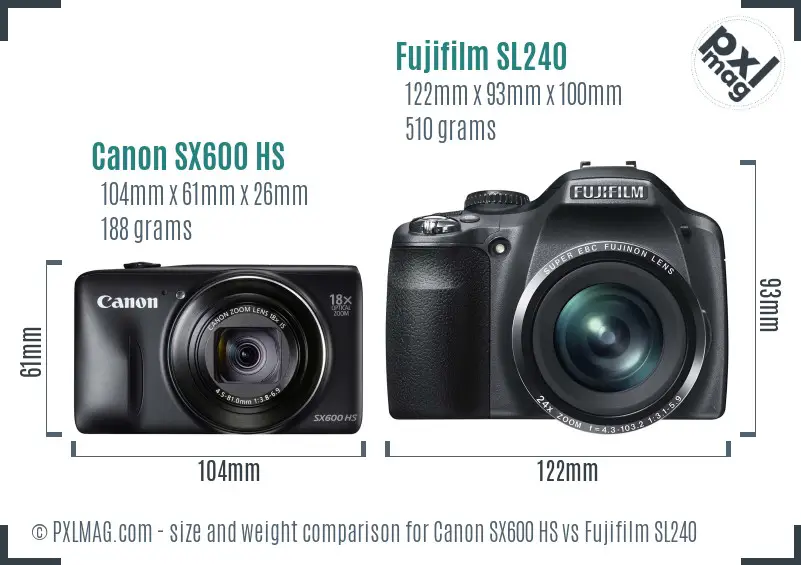 Canon SX600 HS vs Fujifilm SL240 size comparison
