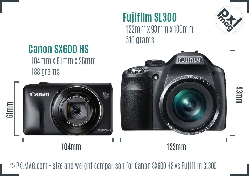 Canon SX600 HS vs Fujifilm SL300 size comparison