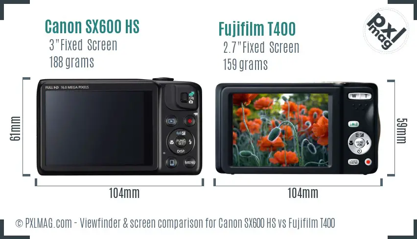 Canon SX600 HS vs Fujifilm T400 Screen and Viewfinder comparison