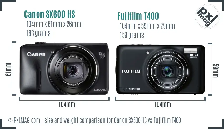 Canon SX600 HS vs Fujifilm T400 size comparison