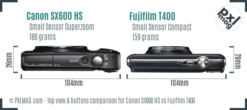 Canon SX600 HS vs Fujifilm T400 top view buttons comparison