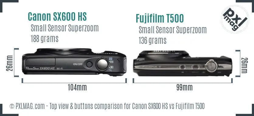 Canon SX600 HS vs Fujifilm T500 top view buttons comparison Canon SX600 HS vs Fujifilm T500 top view buttons comparison