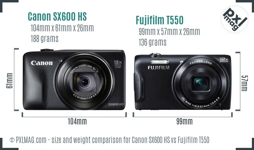 Canon SX600 HS vs Fujifilm T550 size comparison