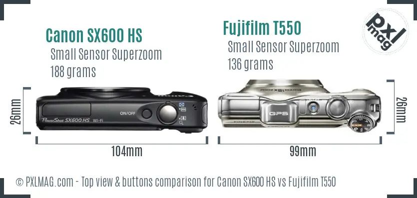 Canon SX600 HS vs Fujifilm T550 top view buttons comparison