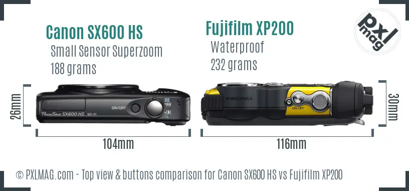 Canon SX600 HS vs Fujifilm XP200 top view buttons comparison Canon SX600 HS vs Fujifilm XP200 top view buttons comparison