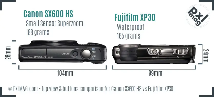 Canon SX600 HS vs Fujifilm XP30 top view buttons comparison