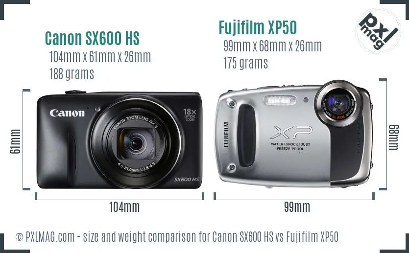 Canon SX600 HS vs Fujifilm XP50 size comparison