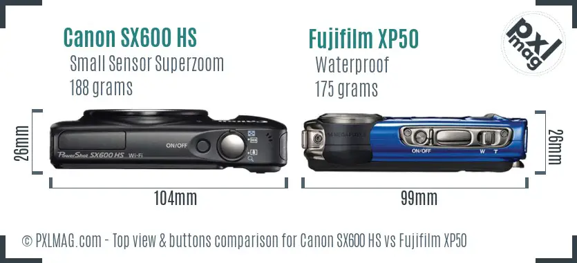 Canon SX600 HS vs Fujifilm XP50 top view buttons comparison