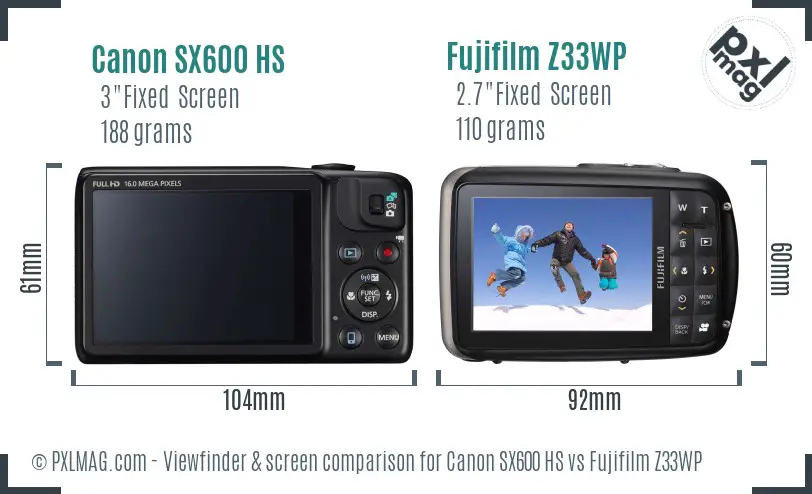Canon SX600 HS vs Fujifilm Z33WP Screen and Viewfinder comparison