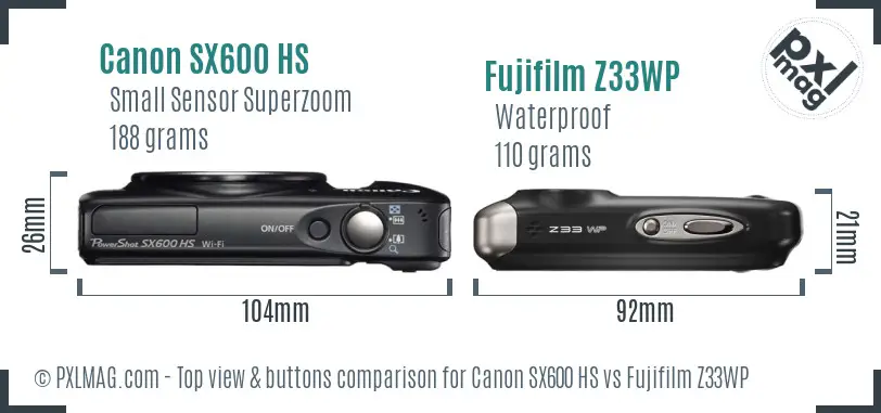 Canon SX600 HS vs Fujifilm Z33WP top view buttons comparison
