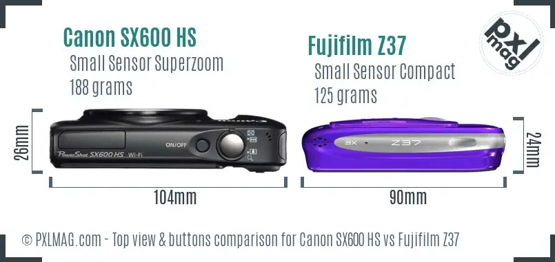 Canon SX600 HS vs Fujifilm Z37 top view buttons comparison Canon SX600 HS vs Fujifilm Z37 top view buttons comparison