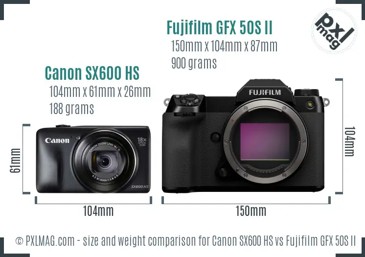 Canon SX600 HS vs Fujifilm GFX 50S II size comparison