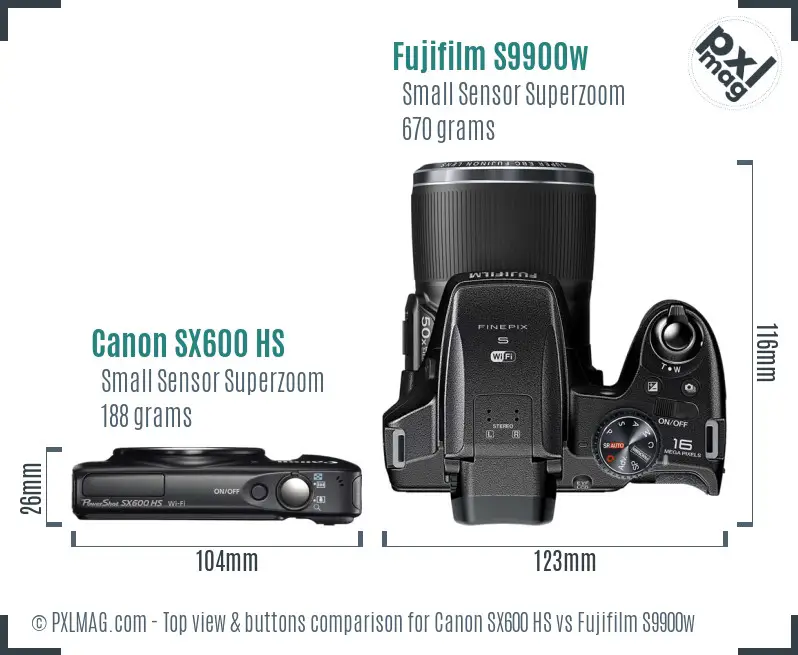 Canon SX600 HS vs Fujifilm S9900w top view buttons comparison Canon SX600 HS vs Fujifilm S9900w top view buttons comparison