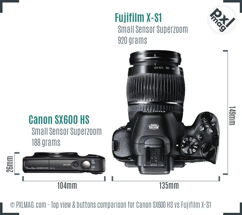Canon SX600 HS vs Fujifilm X-S1 top view buttons comparison Canon SX600 HS vs Fujifilm X-S1 top view buttons comparison