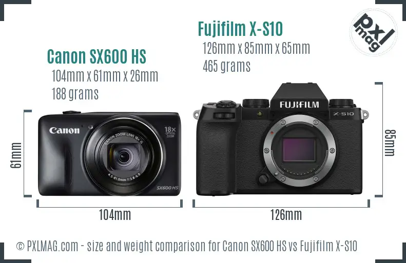 Canon SX600 HS vs Fujifilm X-S10 size comparison