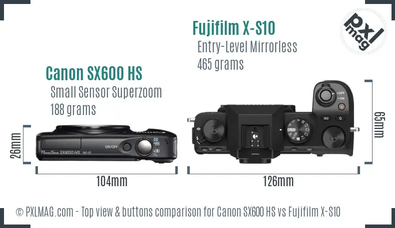 Canon SX600 HS vs Fujifilm X-S10 top view buttons comparison