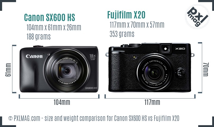 Canon SX600 HS vs Fujifilm X20 size comparison