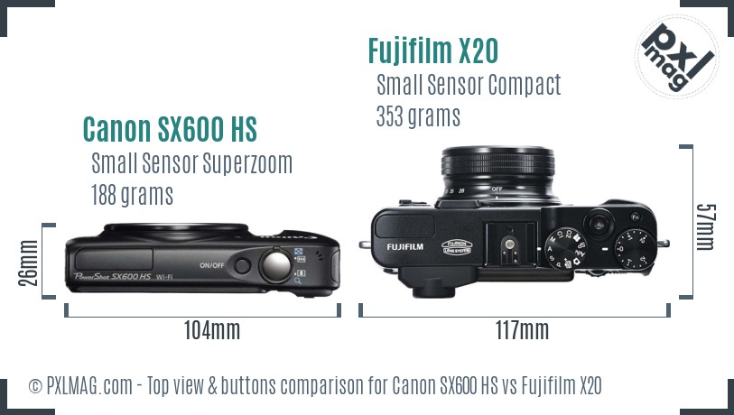 Canon SX600 HS vs Fujifilm X20 top view buttons comparison