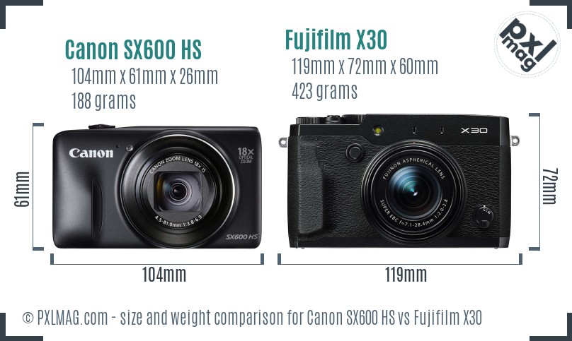 Canon SX600 HS vs Fujifilm X30 size comparison