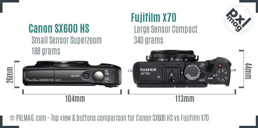 Canon SX600 HS vs Fujifilm X70 top view buttons comparison